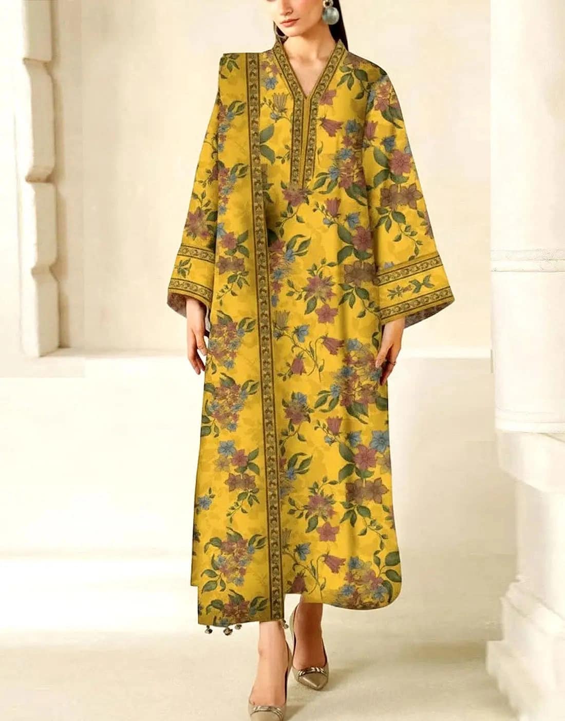 Printed lawn front with heavy embroidered schiffli & spangle work neckline with embroidered schiffli & spangle work daman border, Printed lawn back