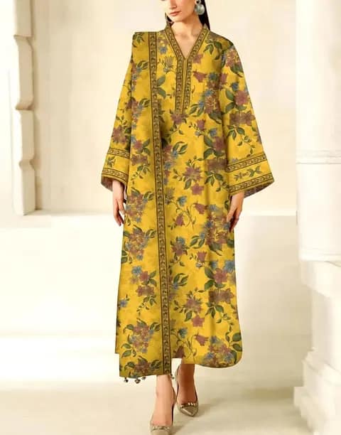 Printed lawn front with heavy embroidered schiffli & spangle work neckline with embroidered schiffli & spangle work daman border, Printed lawn back