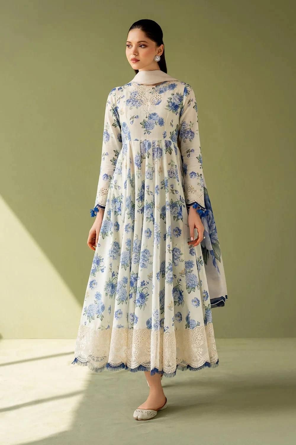 Baroque . Printed shirt with border patches digital printed chiffon dupatta with 4 sided embroidered lace and printed trouser - 3 piece - Unstitched