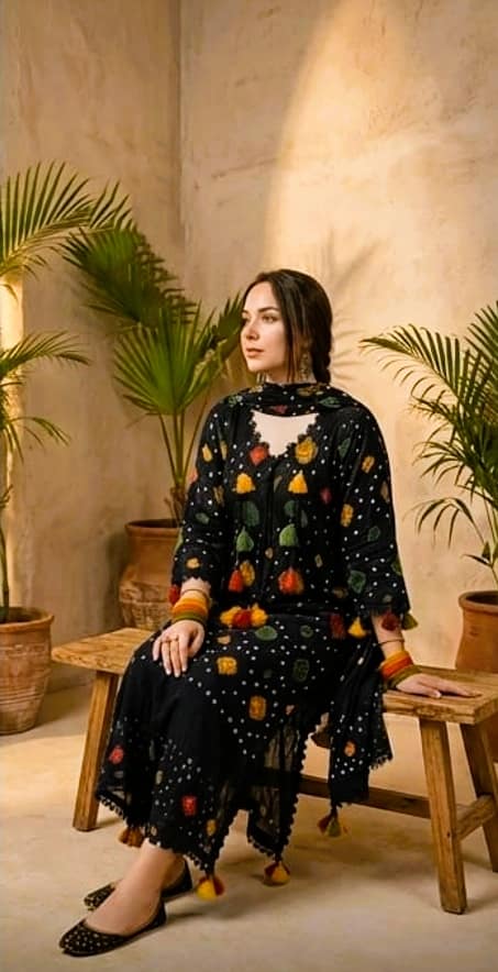 Beautiful soft printed and embroidered black lawn 3pc suit - unstitched