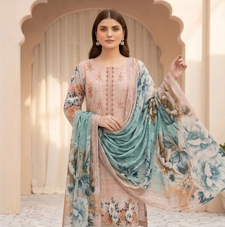Digital lawn, Double head embroidered dupatta, digital bamber trouser - Unstitched thumbnail 1