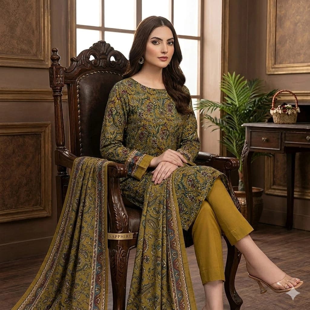 Premium quality digital printed lawn shirt, premium digital printed voile dupatta, plain dyed lawn trouser - Unstitched thumbnail 1