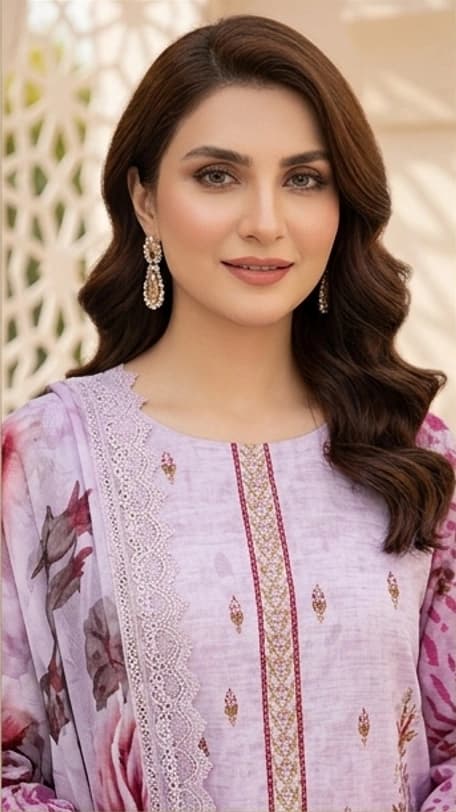 Digital lawn shirt, Double head embroidered dupatta, digital bamber trouser dyed with big flowered pink suite - Unstitched thumbnail 2