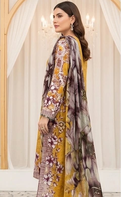 Digital printed embroidered lawn shirt, digital printed bambar dupatta, dyed lawn trouser - Unstitched thumbnail 3
