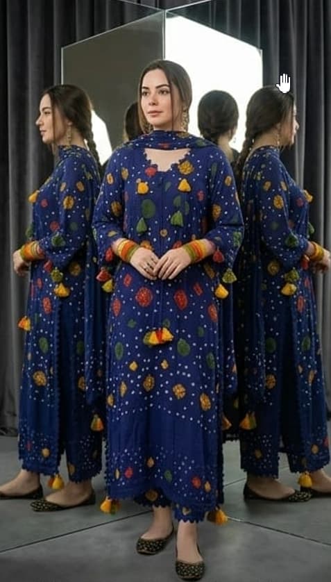 Beautiful soft printed and embroidered blue lawn 3 piece suit - unstitched thumbnail 2