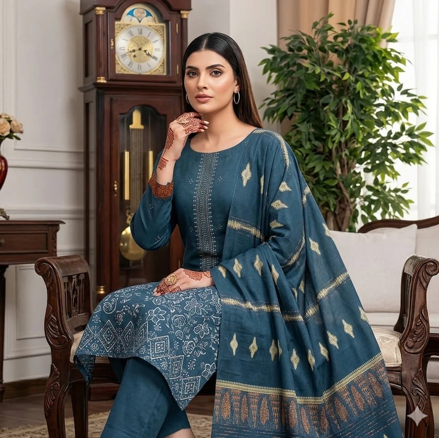 Fancy chikankari embroidered doriya lawn shirt, embroidered back and sleeves, jacquard lawn dapatta, plain dyed lawn trouser - Unstitched thumbnail 1