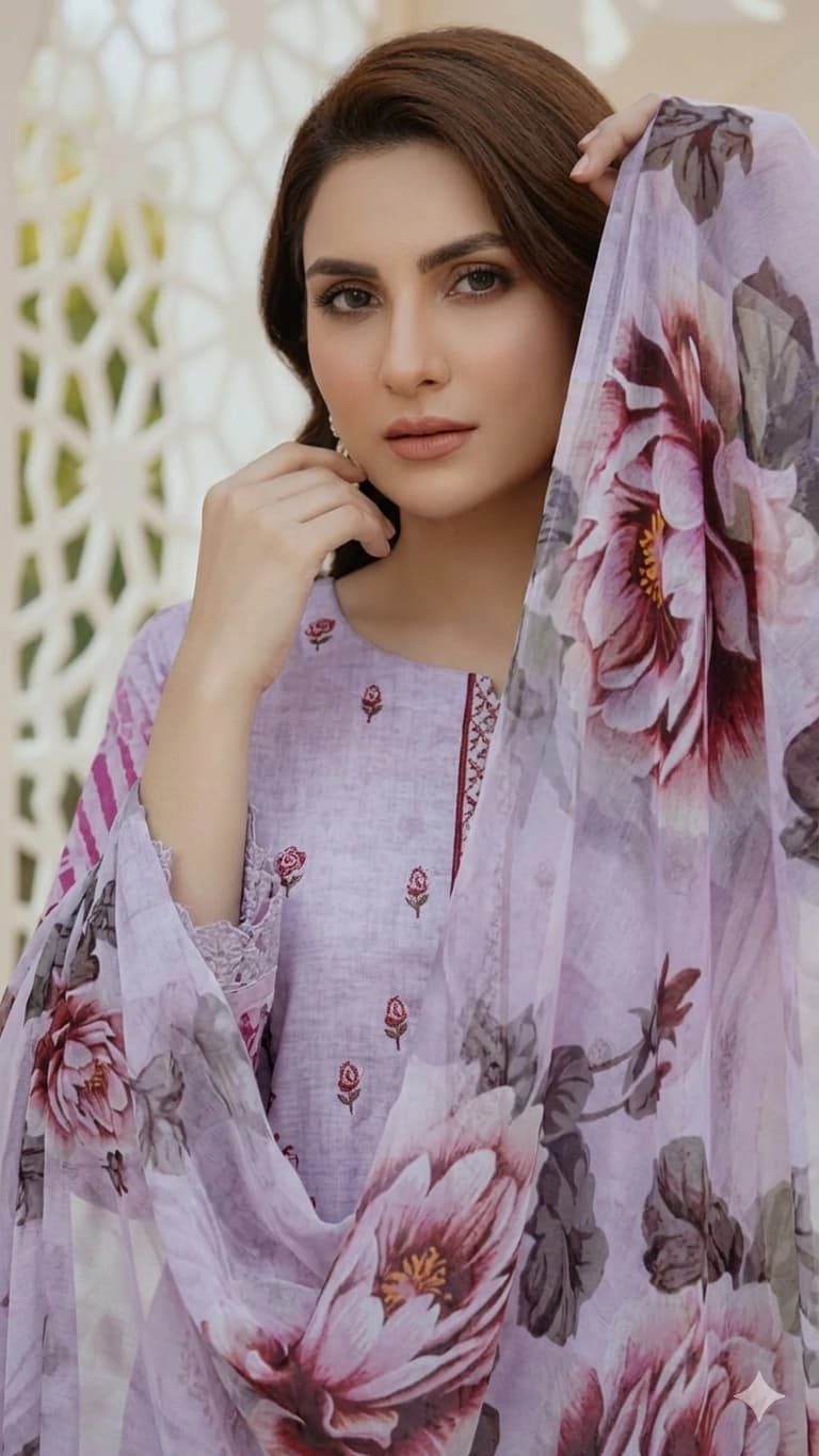 Digital lawn shirt, Double head embroidered dupatta, digital bamber trouser dyed with big flowered pink suite - Unstitched thumbnail 4