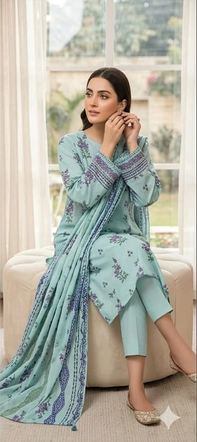 Best quality digital printed lawn shirt, printed voile dupatta, comfort plan dyed trouser - Unstitched thumbnail 2