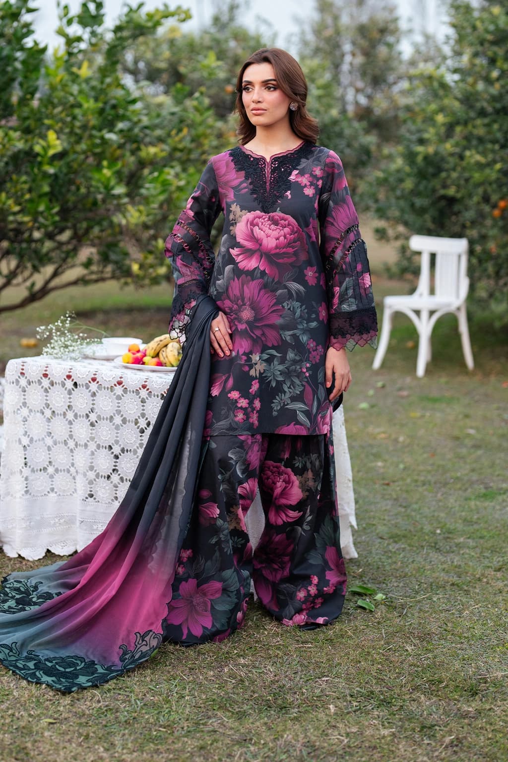 Iznik . Digital embroidered printed lawn , embroidered chiffon dupatta - Unstitched thumbnail 3