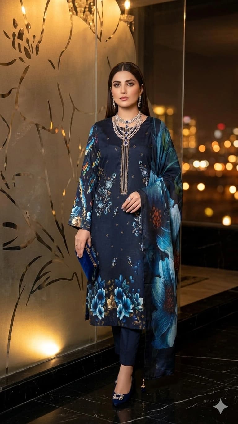 Digital printed lawn embroidered shirt, digital printed bamber dupatta, dyed lawn trouser - Unstitched thumbnail 3