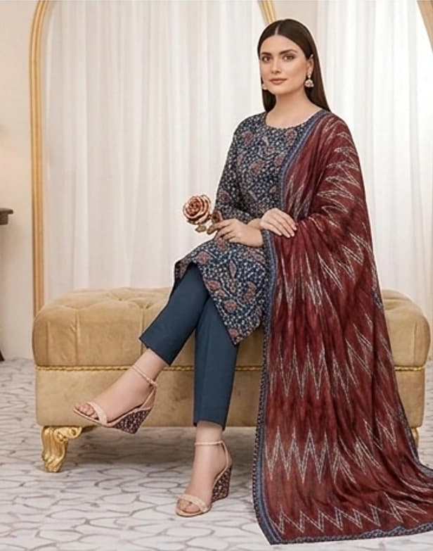SAPPHIRE . Premium quality digital printed lawn, Digital printed voile dupatta, Comfort plain dyed lawn trouser - Unstitched thumbnail 3