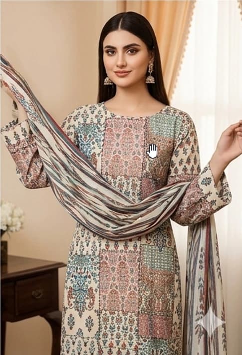 SAPPHIRE . Premium quality digital printed lawn, Digital printed voile dupatta, Comfort plain dyed trouser thumbnail 1