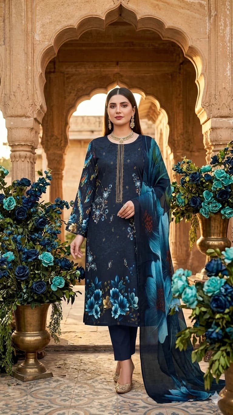 Digital printed lawn embroidered shirt, digital printed bamber dupatta, dyed lawn trouser - Unstitched thumbnail 2