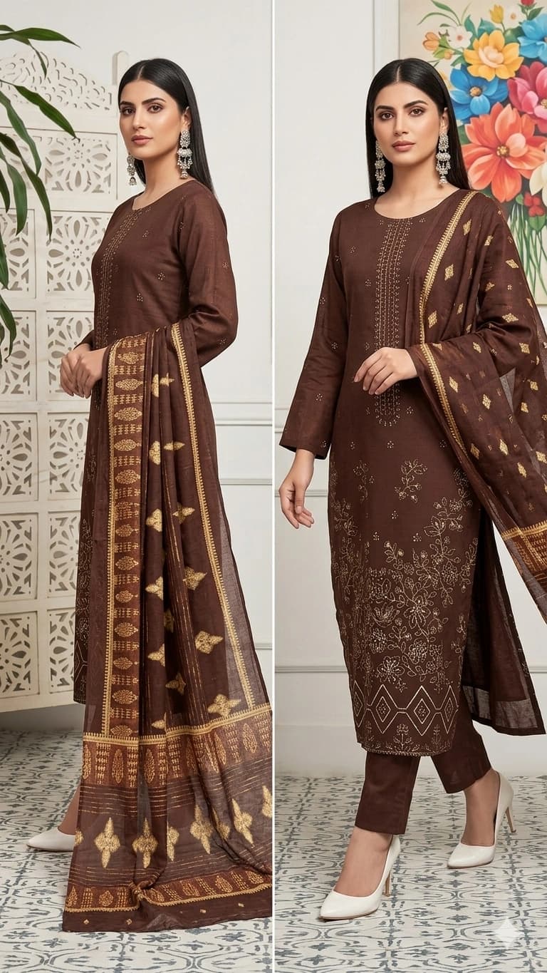 Fancy daman heavy embroidered chikankari doriya lawn shirt, embroidered back and sleevs, jacquard dupatta, plain dyed trouser - Unstiched thumbnail 1