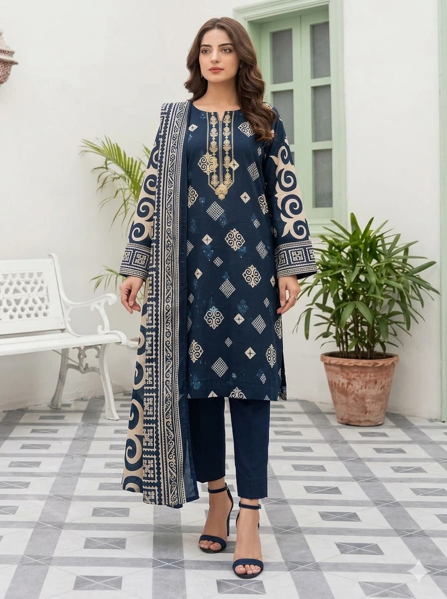 Printed embroidered shirt, neckline embroidered, printed lawn dapatta, dyed lawn trouser - Unstitched thumbnail 1