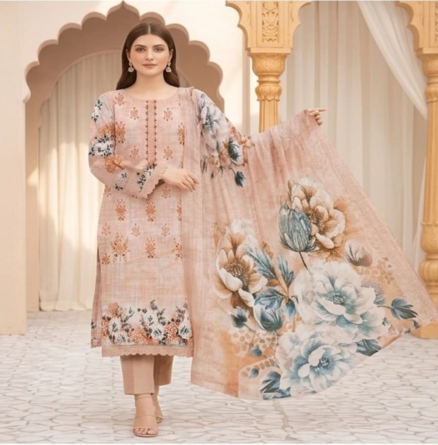 Digital lawn, Double head embroidered dupatta, digital bamber trouser - Unstitched thumbnail 2