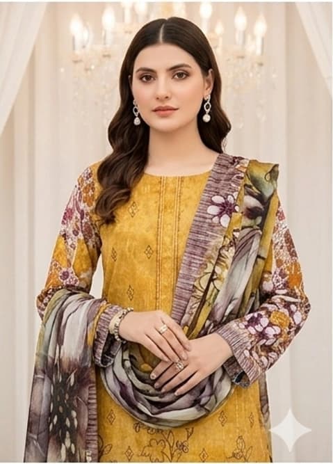 Digital printed embroidered lawn shirt, digital printed bambar dupatta, dyed lawn trouser - Unstitched thumbnail 1