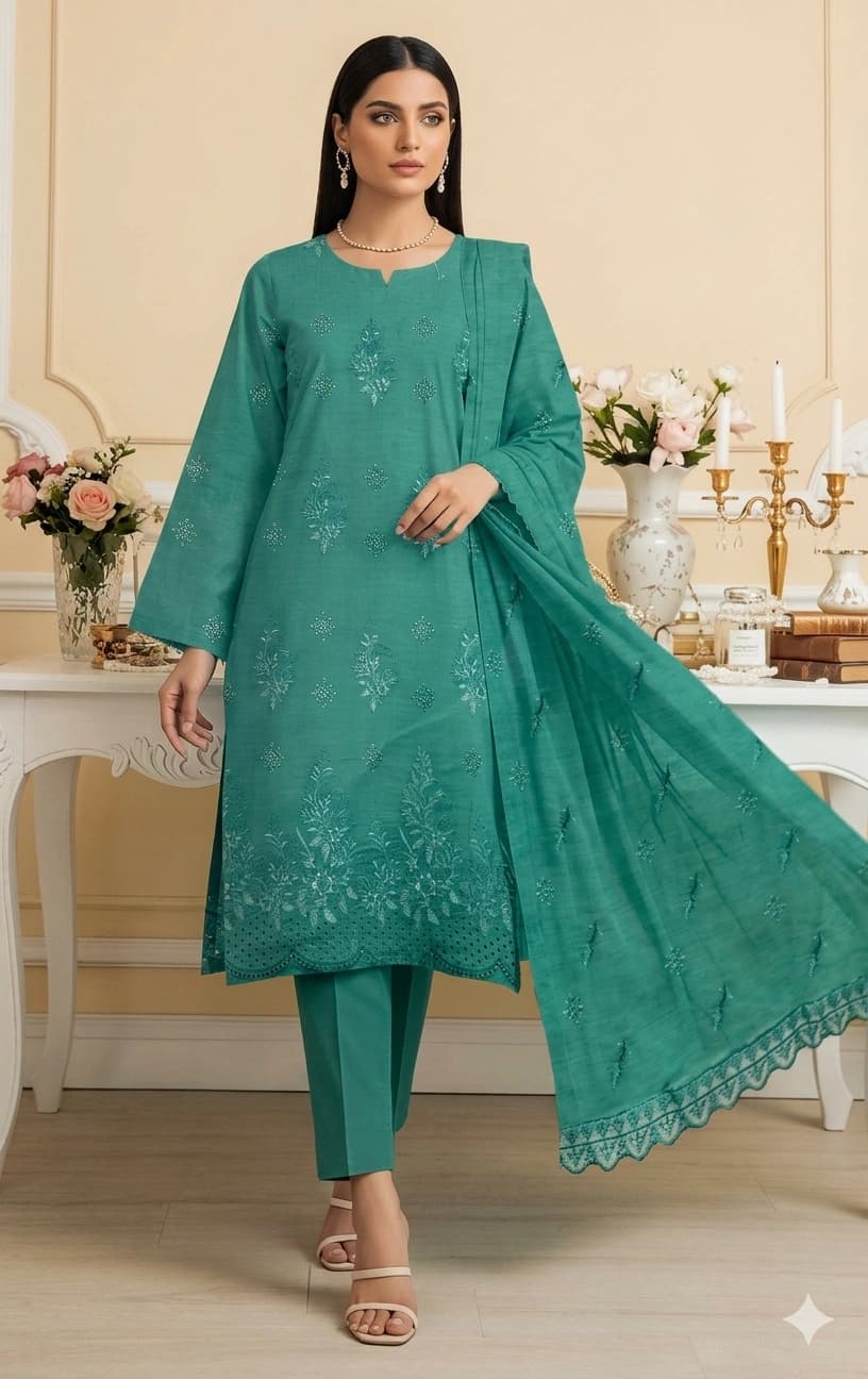 Embroidered slub lawn shirt embroidered back and sleeves, embroidered dupatta with pallu embroidered patches, plain dyed lawn trouser - Unstitched thumbnail 1