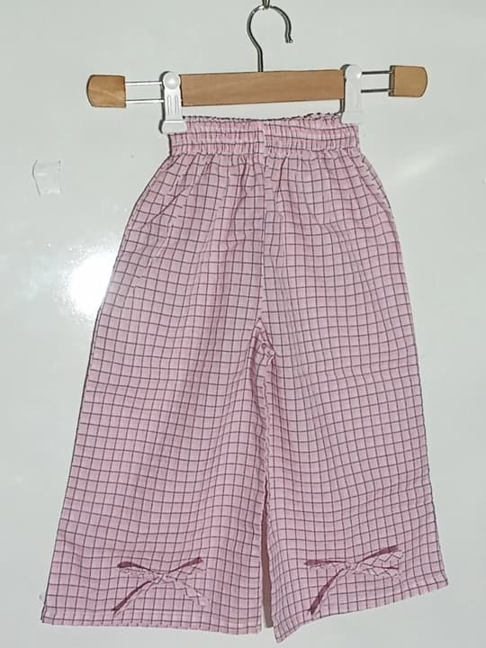 Girls pink frock in checks lines - 2pcs thumbnail 2
