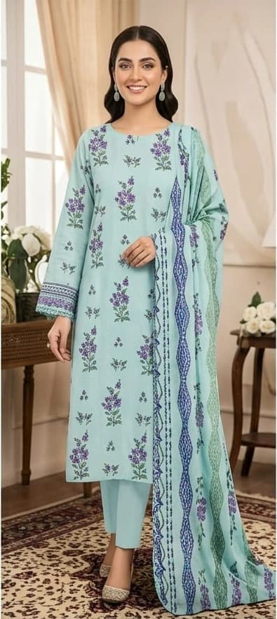 Best quality digital printed lawn shirt, printed voile dupatta, comfort plan dyed trouser - Unstitched