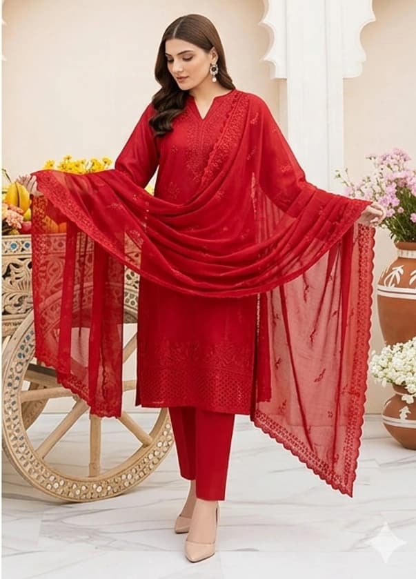 Fully embroidered chikankari with slub lawn shirt, daman heavy embroidered, embroidered lawn dupatta, dyed lawn trouser  - Unstitched