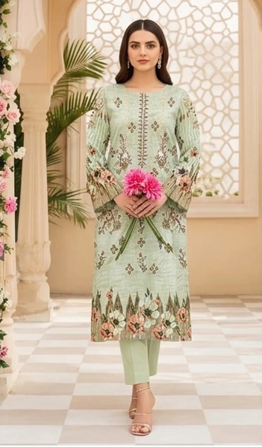 Digital green lawn, Double head embroidered dupatta, digital bamber trouser - Unstitched