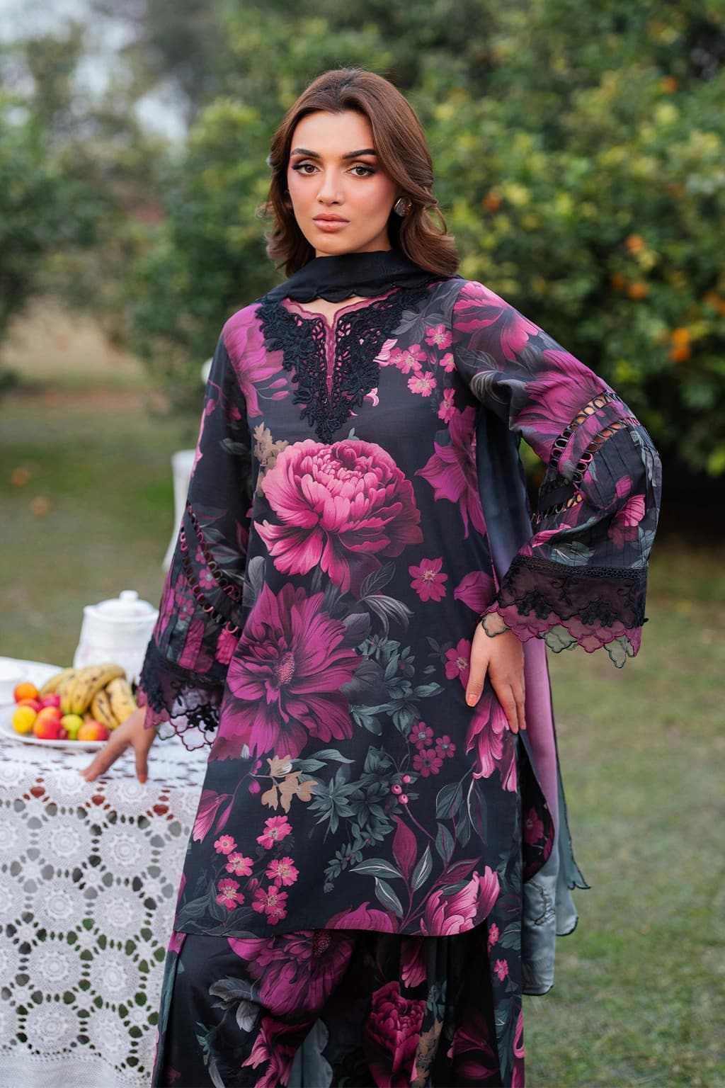 Iznik . Digital embroidered printed lawn , embroidered chiffon dupatta - Unstitched
