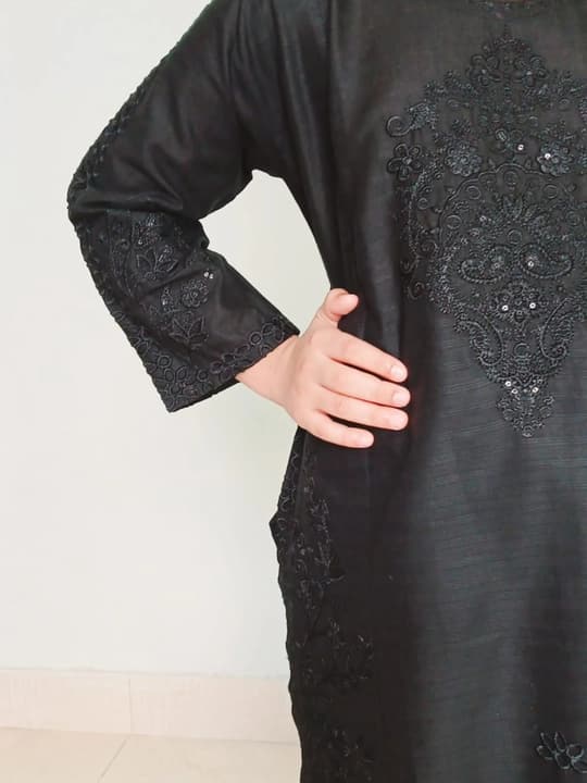 Embroidered doriya lawn shirt and plazo trouser - Plain Black - 00028