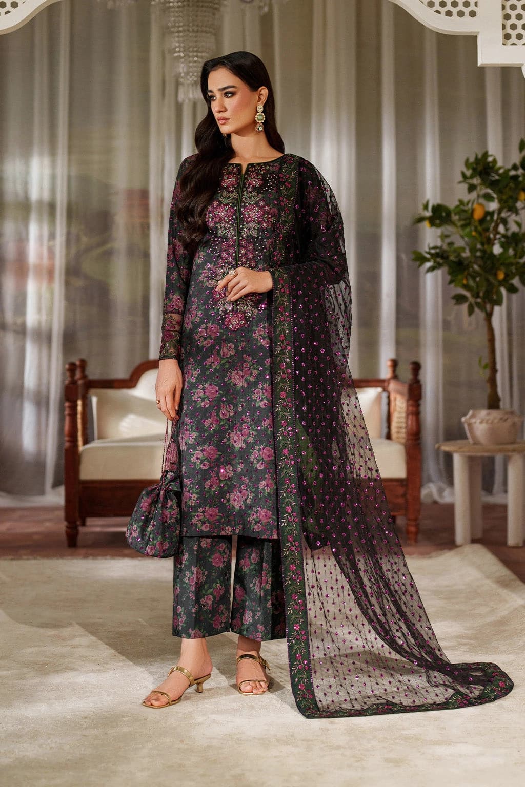 Iznik . Digital printed embroidered lawn shirt and digital embroidered organza dupatta - Unstitched