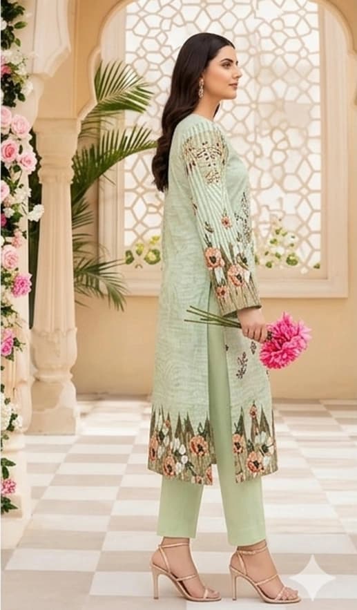 Digital green lawn, Double head embroidered dupatta, digital bamber trouser - Unstitched