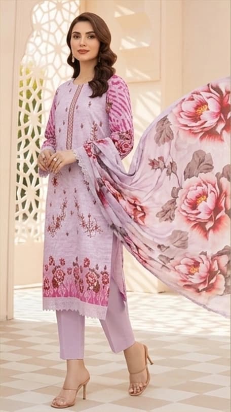 Digital lawn shirt, Double head embroidered dupatta, digital bamber trouser dyed with big flowered pink suite - Unstitched