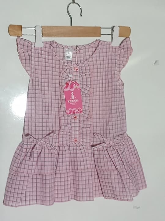 Girls pink frock in checks lines - 2pcs