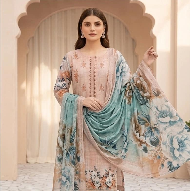 Digital lawn, Double head embroidered dupatta, digital bamber trouser - Unstitched