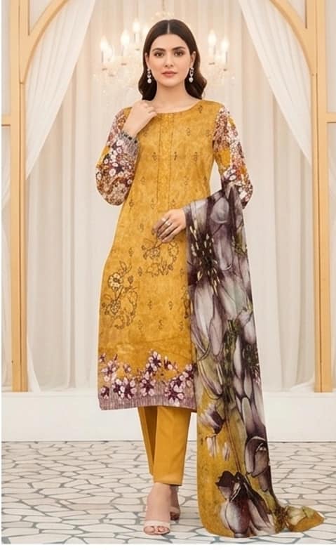 Digital printed embroidered lawn shirt, digital printed bambar dupatta, dyed lawn trouser - Unstitched