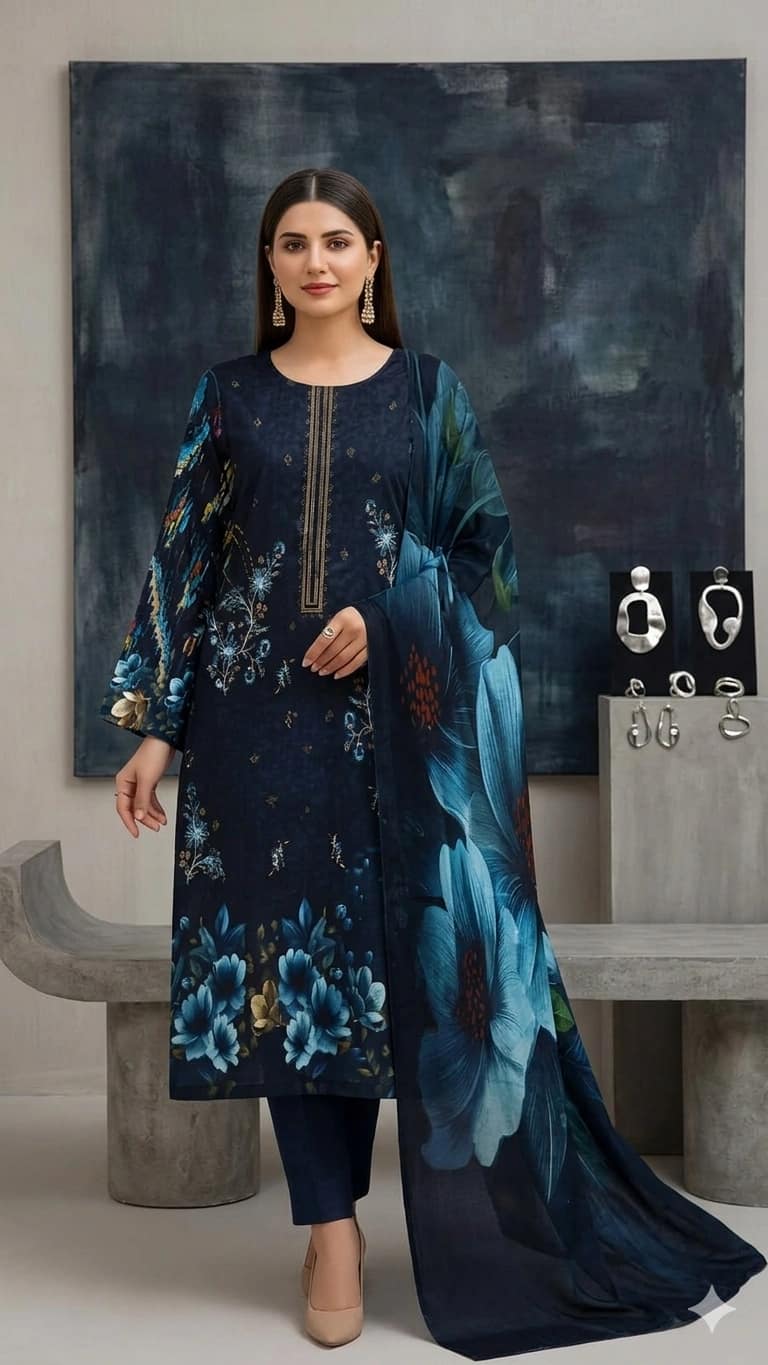 Digital printed lawn embroidered shirt, digital printed bamber dupatta, dyed lawn trouser - Unstitched