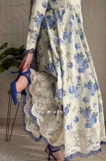 Baroque . Printed shirt with border patches digital printed chiffon dupatta with 4 sided embroidered lace and printed trouser - 3 piece - Unstitched