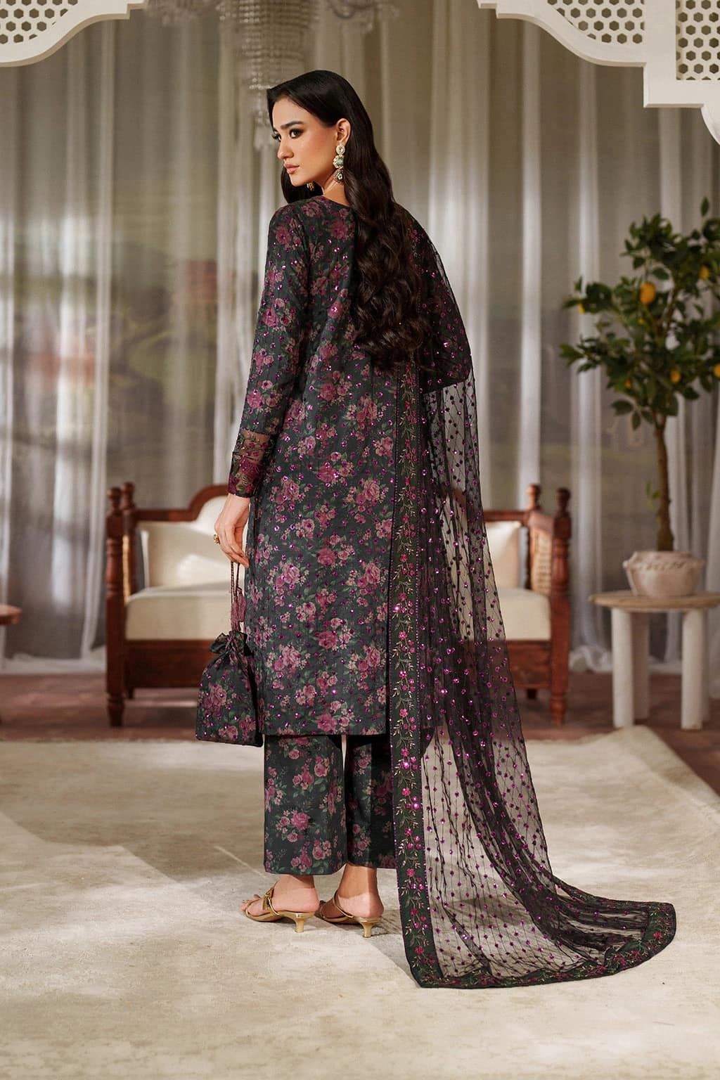 Iznik . Digital printed embroidered lawn shirt and digital embroidered organza dupatta - Unstitched