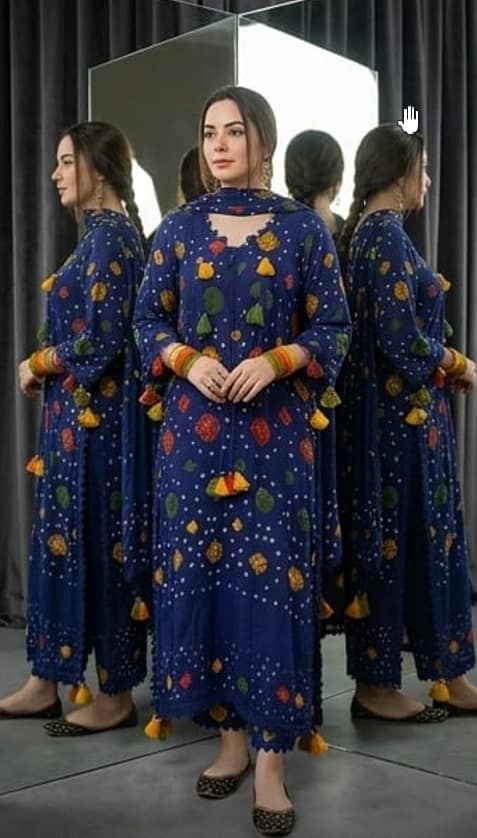 Beautiful soft printed and embroidered blue lawn 3 piece suit - unstitched