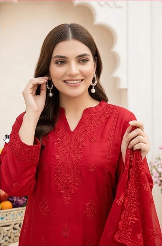 Fully embroidered chikankari with slub lawn shirt, daman heavy embroidered, embroidered lawn dupatta, dyed lawn trouser - Unstitched
