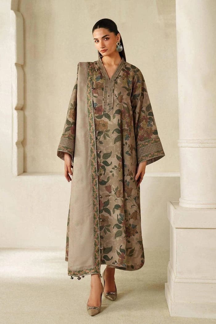 Printed lawn front with heavy embroidered schiffli & spangle work neckline with embroidered schiffli & spangle work daman border, Printed lawn back