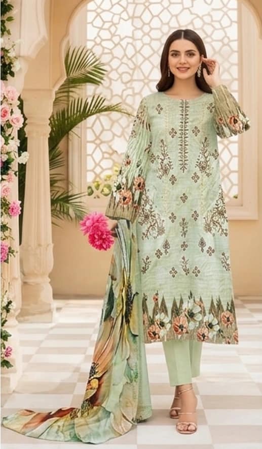 Digital green lawn, Double head embroidered dupatta, digital bamber trouser - Unstitched