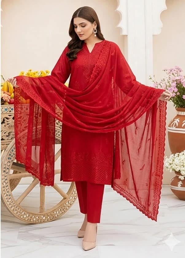 Fully embroidered chikankari with slub lawn shirt, daman heavy embroidered, embroidered lawn dupatta, dyed lawn trouser - Unstitched