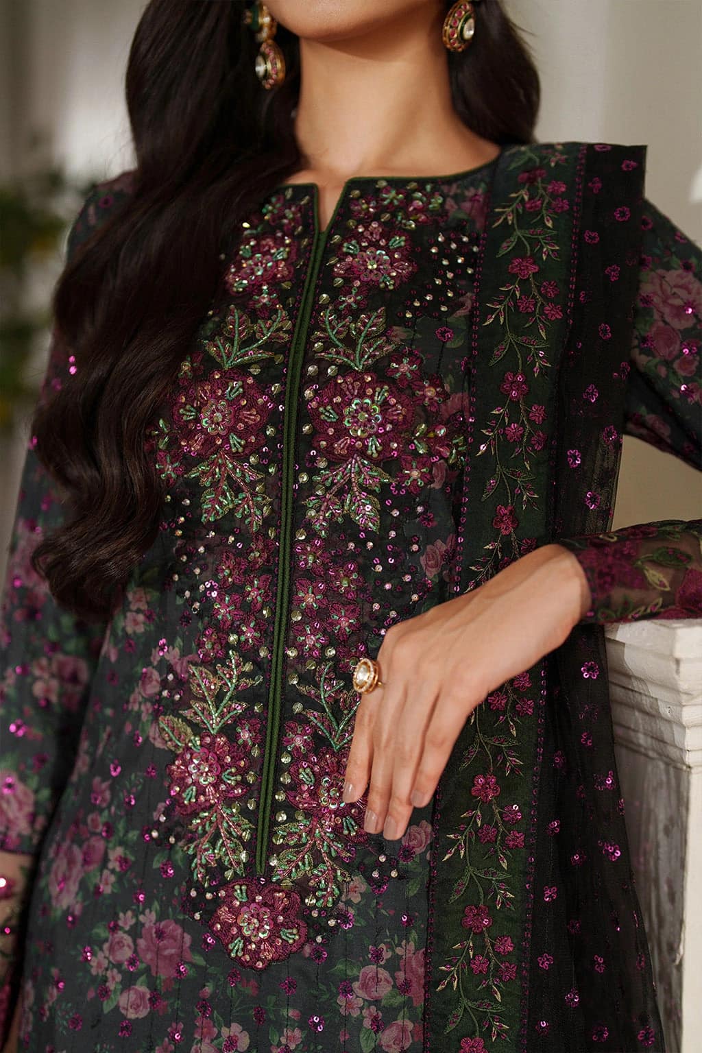 Iznik . Digital printed embroidered lawn shirt and digital embroidered organza dupatta - Unstitched