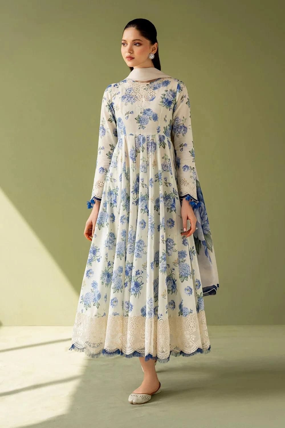 Baroque . Printed shirt with border patches digital printed chiffon dupatta with 4 sided embroidered lace and printed trouser - 3 piece - Unstitched