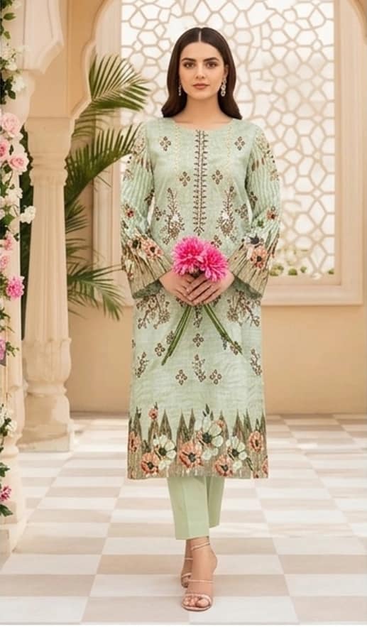 Digital green lawn, Double head embroidered dupatta, digital bamber trouser - Unstitched