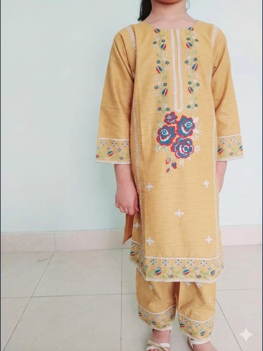 Embroidered doriya lawn shirt and plazo trouser - Mustered - 00027