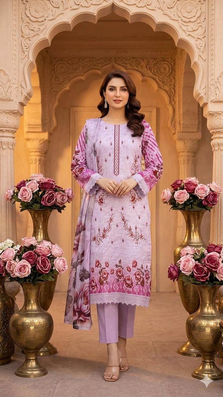 Digital lawn shirt, Double head embroidered dupatta, digital bamber trouser dyed with big flowered pink suite - Unstitched