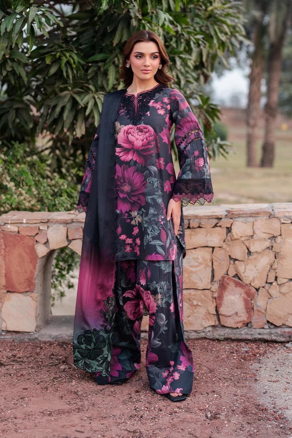 Iznik . Digital embroidered printed lawn , embroidered chiffon dupatta - Unstitched