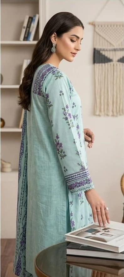 Best quality digital printed lawn shirt, printed voile dupatta, comfort plan dyed trouser - Unstitched