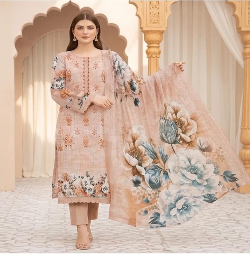 Digital lawn, Double head embroidered dupatta, digital bamber trouser - Unstitched